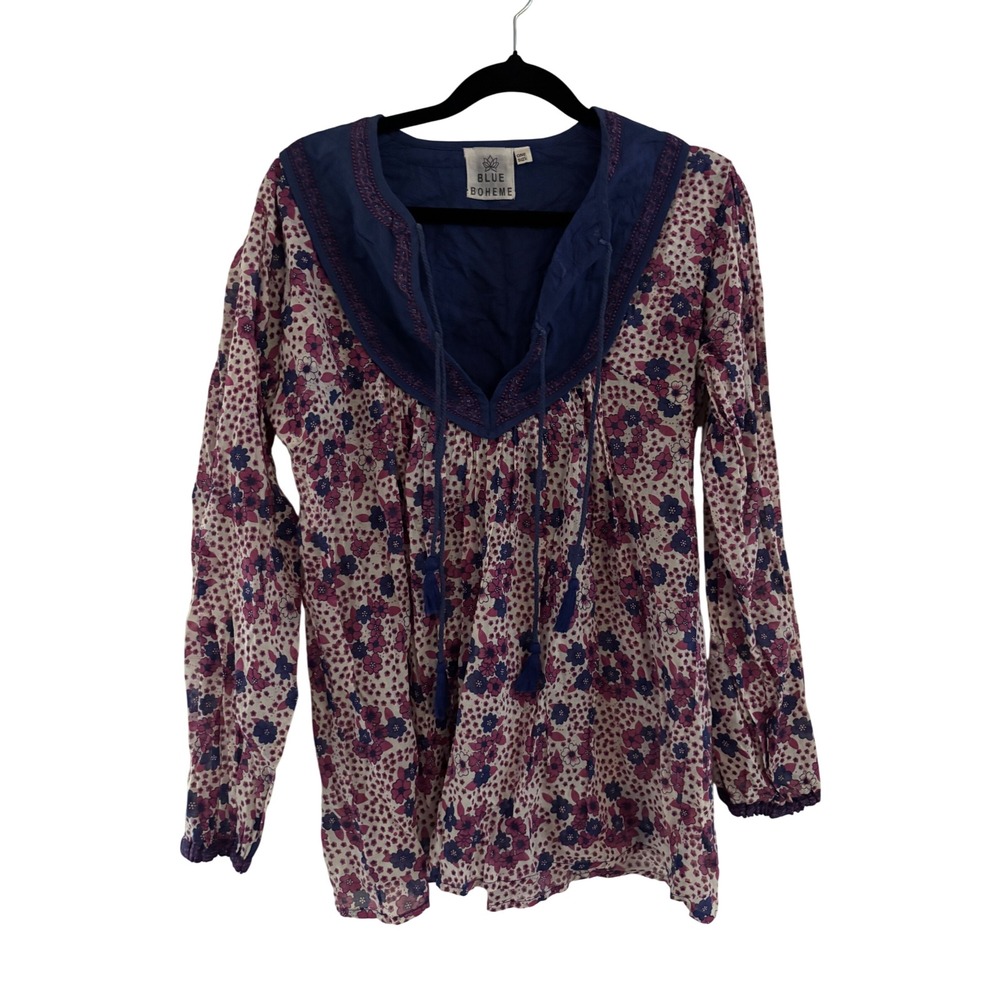Blue Boheme Floral Cotton Tunic Top Purple Blue Embroidered Boho V-Neck OS